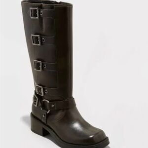 New Brown Rebel Tall Moto Buckle Boots